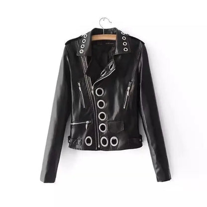 Black Short Leather Jacket 2026 Autumn New Women's Versatile Fashion Metal Circles Slim PU Leather Jackets Motorcycle tops