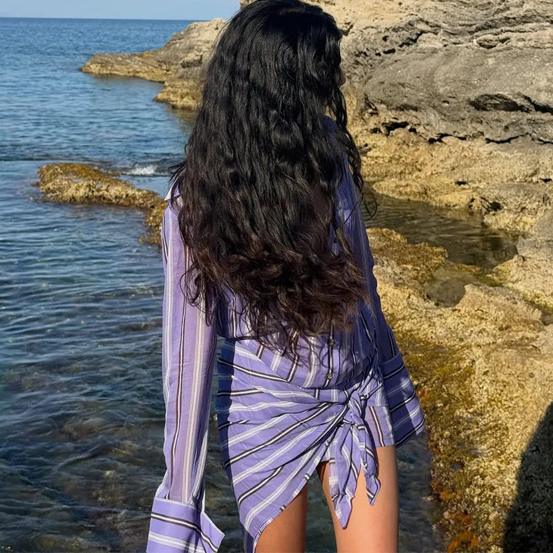 Collared Button Women's Front Sheer Vertical Stripe Two Piece Set Long Cuff Shirt High Waist Flared Wide Leg Long Pants 2026 New