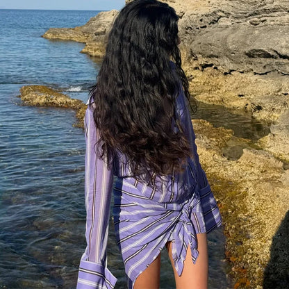Collared Button Women's Front Sheer Vertical Stripe Two Piece Set Long Cuff Shirt High Waist Flared Wide Leg Long Pants 2026 New