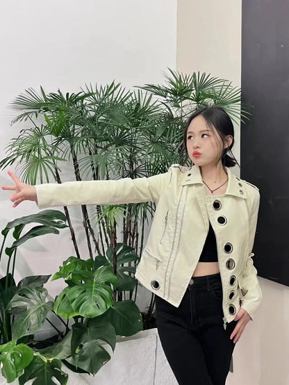 Black Short Leather Jacket 2026 Autumn New Women's Versatile Fashion Metal Circles Slim PU Leather Jackets Motorcycle tops