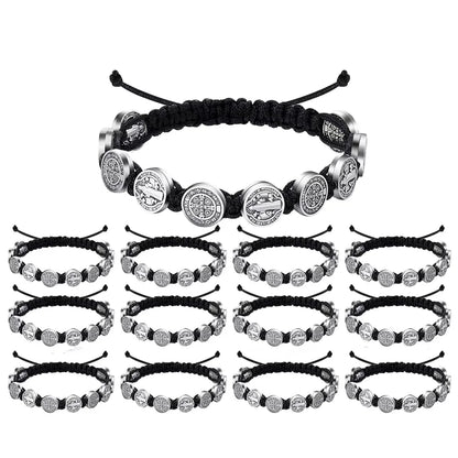 12PCS/Pack San Benito Bracelets Protection Red Black Cord Benedict Medal Rosary Blessing Friendship Bracelet Gift for Women Men