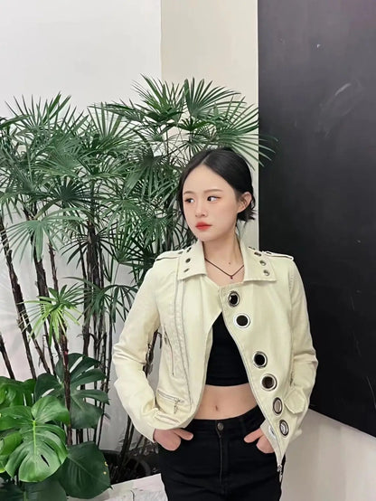 Black Short Leather Jacket 2026 Autumn New Women's Versatile Fashion Metal Circles Slim PU Leather Jackets Motorcycle tops