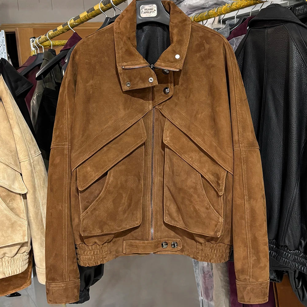YOLOAgain Chocolate Brown Suede Jacket Women Real Leather Jacket Female