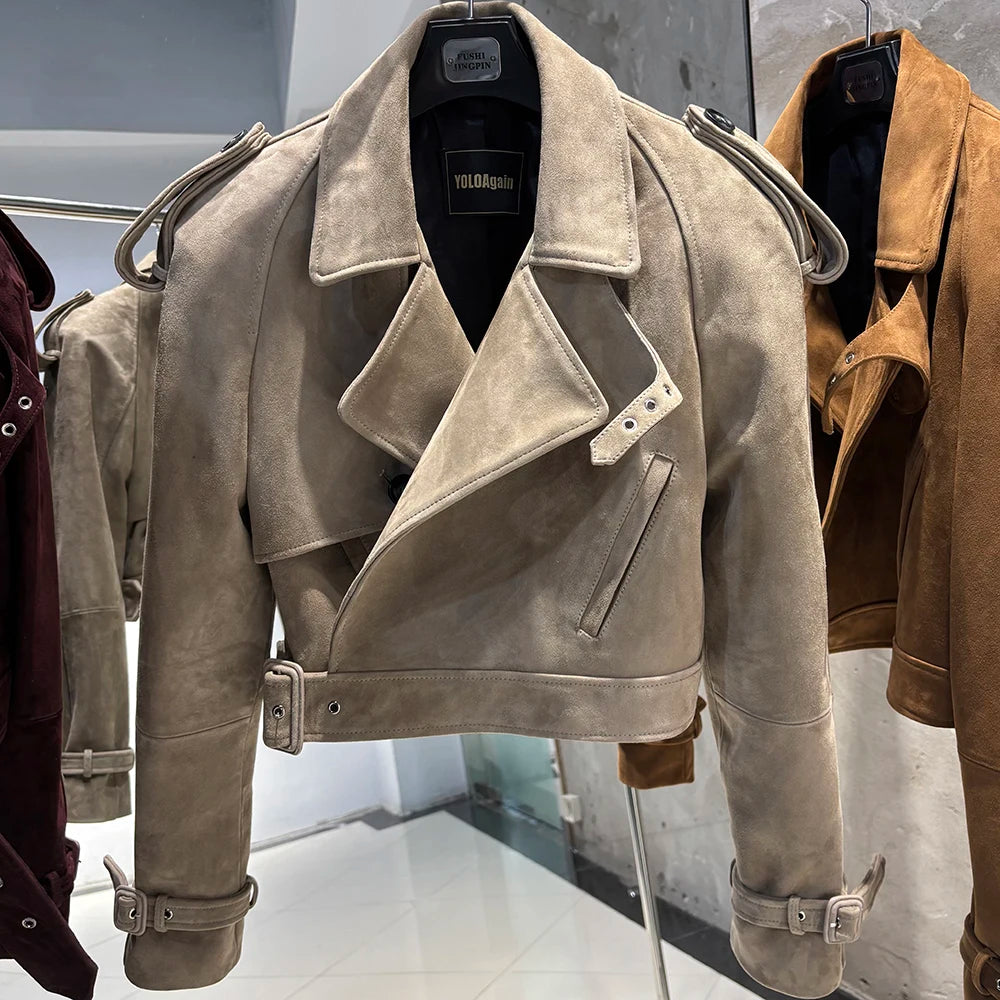 YOLOAgain Long Sleeve Dark Brown Suede Jacket Women Real Leather Jacket