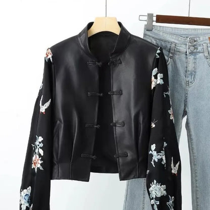 High-end Vintage Embroidery Patchwork Leather Jacket Women's Spring Autumn PU Leather Coat Long Sleeves Button Design Outerwear