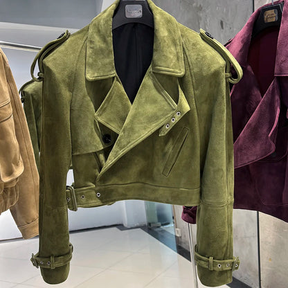 YOLOAgain Long Sleeve Dark Brown Suede Jacket Women Real Leather Jacket