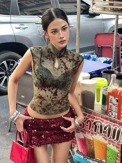 Whatiwear Tank Top Women Sexy See Through Sleeveless Plum Blossom Print Fashion Hottie Stretch Skinny Trend Street Club Vest