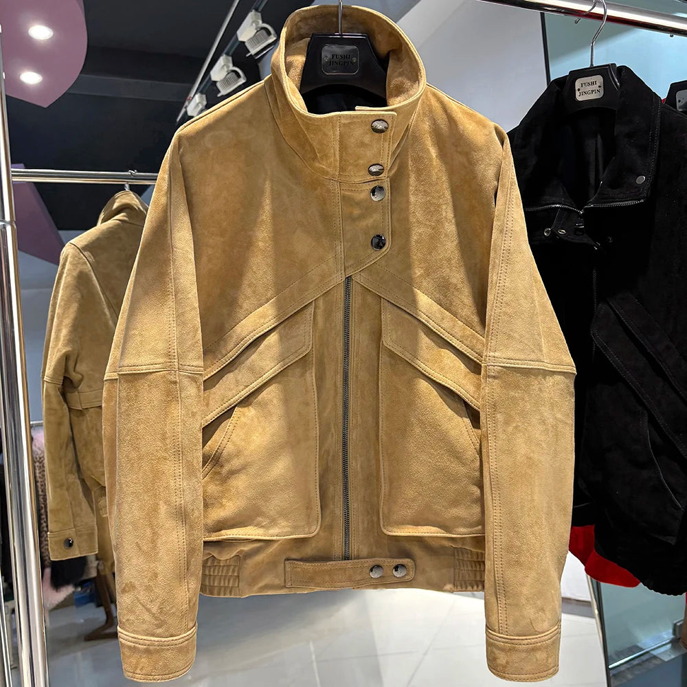 YOLOAgain Chocolate Brown Suede Jacket Women Real Leather Jacket Female