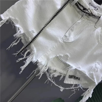 New Korean White Raw Irregular Denim Skirt Women's Anti-Walk Naked Hole Pocket Exposed Short Skirt