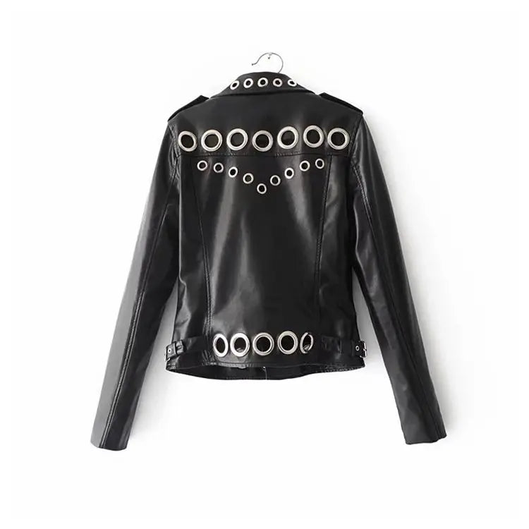 Black Short Leather Jacket 2026 Autumn New Women's Versatile Fashion Metal Circles Slim PU Leather Jackets Motorcycle tops