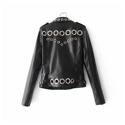 Black Short Leather Jacket 2026 Autumn New Women's Versatile Fashion Metal Circles Slim PU Leather Jackets Motorcycle tops