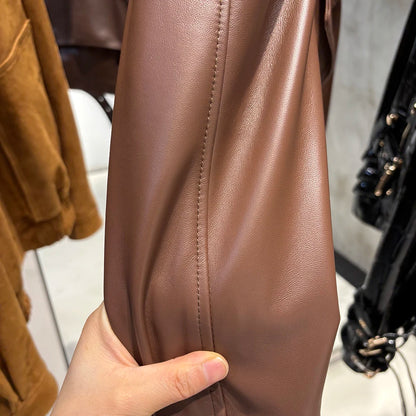 YOLOAgain Long Sleeve Dark Brown Suede Jacket Women Real Leather Jacket