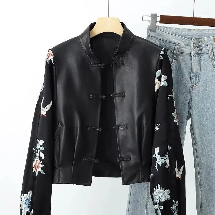 High-end Vintage Embroidery Patchwork Leather Jacket Women's Spring Autumn PU Leather Coat Long Sleeves Button Design Outerwear