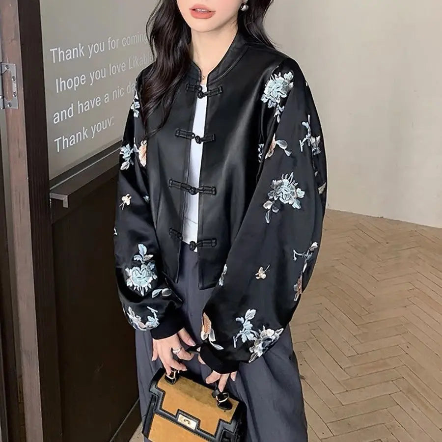 High-end Vintage Embroidery Patchwork Leather Jacket Women's Spring Autumn PU Leather Coat Long Sleeves Button Design Outerwear