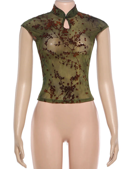 Whatiwear Tank Top Women Sexy See Through Sleeveless Plum Blossom Print Fashion Hottie Stretch Skinny Trend Street Club Vest