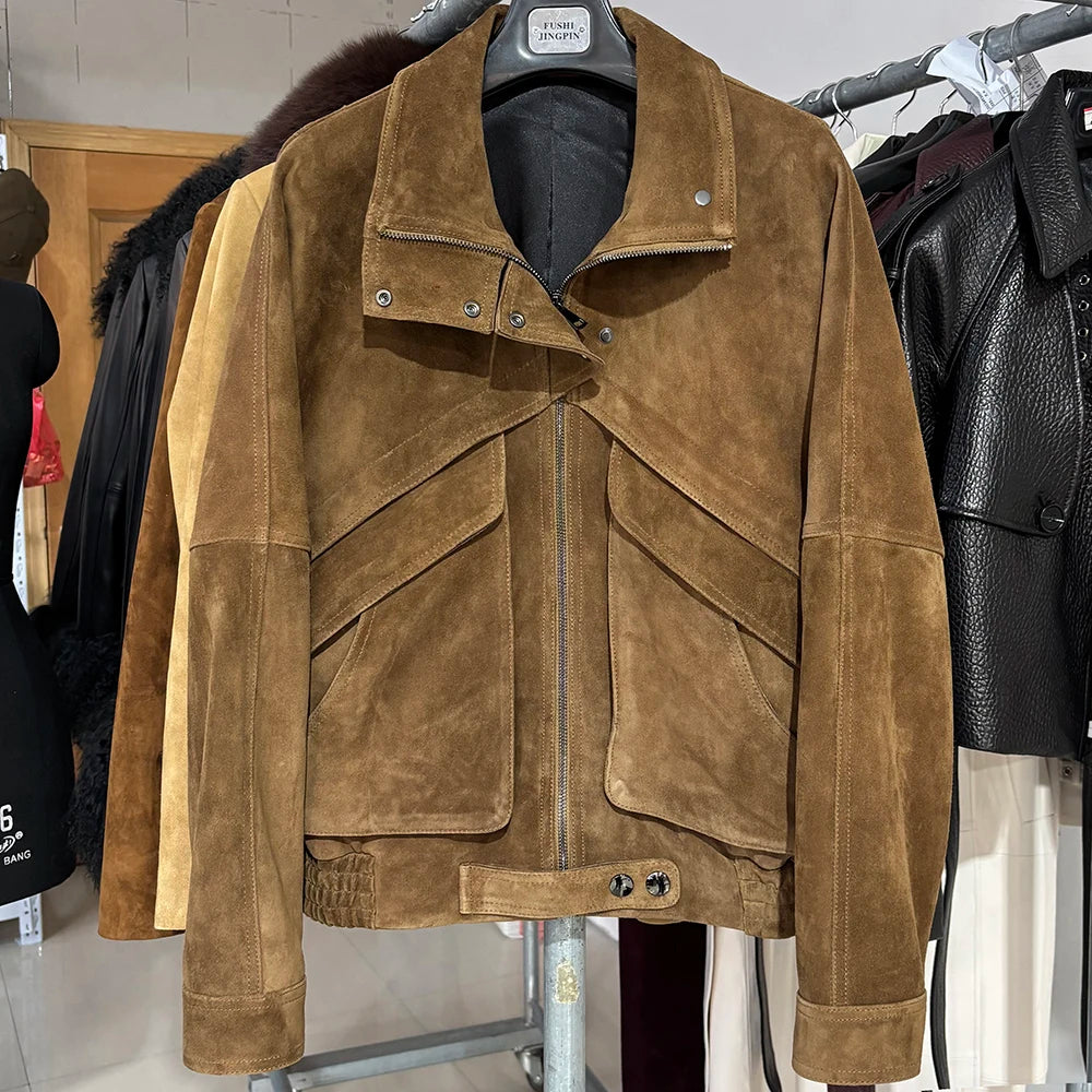 YOLOAgain Chocolate Brown Suede Jacket Women Real Leather Jacket Female