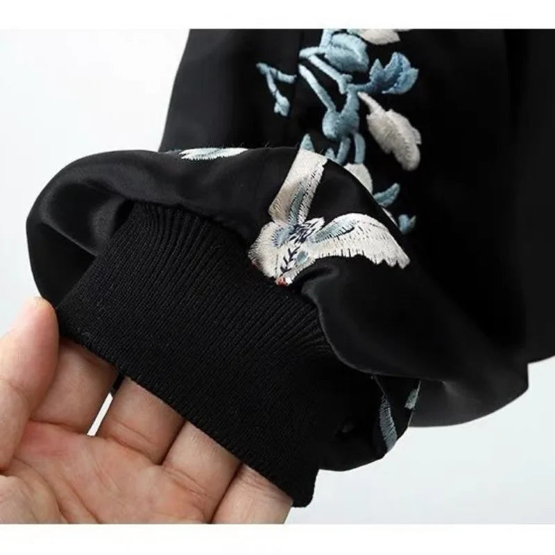 High-end Vintage Embroidery Patchwork Leather Jacket Women's Spring Autumn PU Leather Coat Long Sleeves Button Design Outerwear