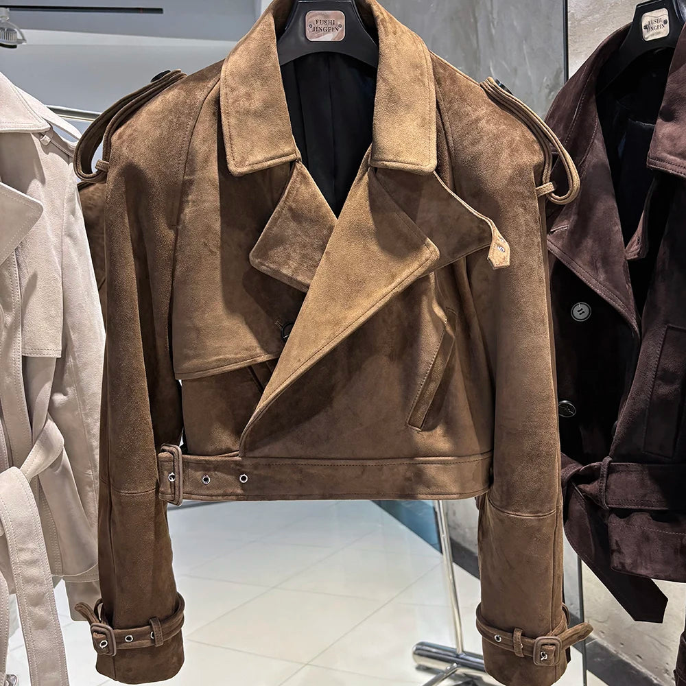 YOLOAgain Long Sleeve Dark Brown Suede Jacket Women Real Leather Jacket