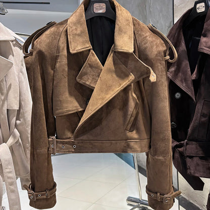 YOLOAgain Long Sleeve Dark Brown Suede Jacket Women Real Leather Jacket