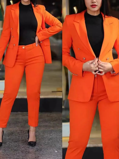 2Pcs Women's Solid Color Suit + Trousers Two-Piece Set Slim Fit Business Fashion Double Breasted Formal Female Clothes Outfit