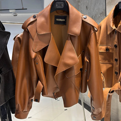 YOLOAgain 2025 Spring Loose Oversized Real Leather Jacket Women Streetwear
