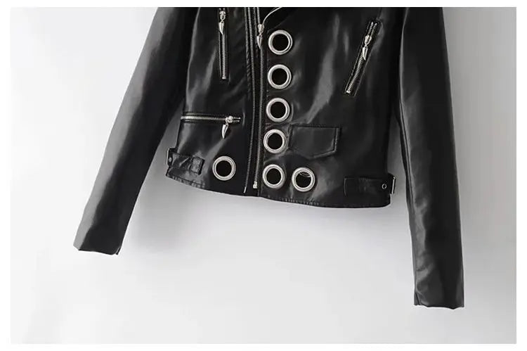 Black Short Leather Jacket 2026 Autumn New Women's Versatile Fashion Metal Circles Slim PU Leather Jackets Motorcycle tops