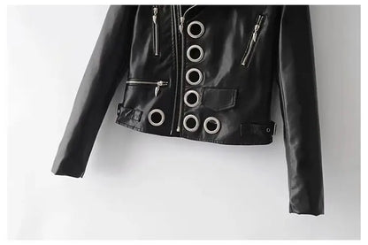 Black Short Leather Jacket 2026 Autumn New Women's Versatile Fashion Metal Circles Slim PU Leather Jackets Motorcycle tops