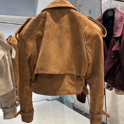 YOLOAgain Long Sleeve Dark Brown Suede Jacket Women Real Leather Jacket