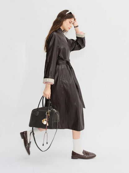 DUSHU Plus Size Women's [COCO MOUSSE] Protein Leather Stand-Up Collar Long Overcoat 2025 Autumn Stylish Leather Jacket