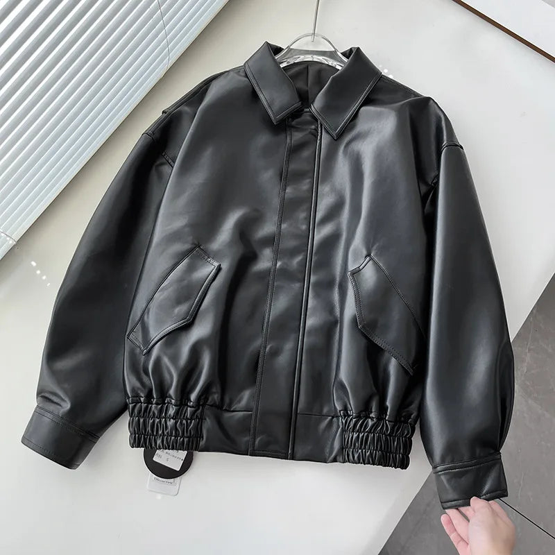 Women's Jacket Fall 2025 New Black Long Sleeve Pebble Faux Leather Jacket Motorcycle Style Personality Fashion