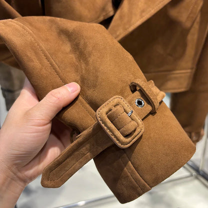 YOLOAgain Long Sleeve Dark Brown Suede Jacket Women Real Leather Jacket