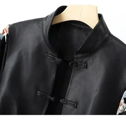 High-end Vintage Embroidery Patchwork Leather Jacket Women's Spring Autumn PU Leather Coat Long Sleeves Button Design Outerwear