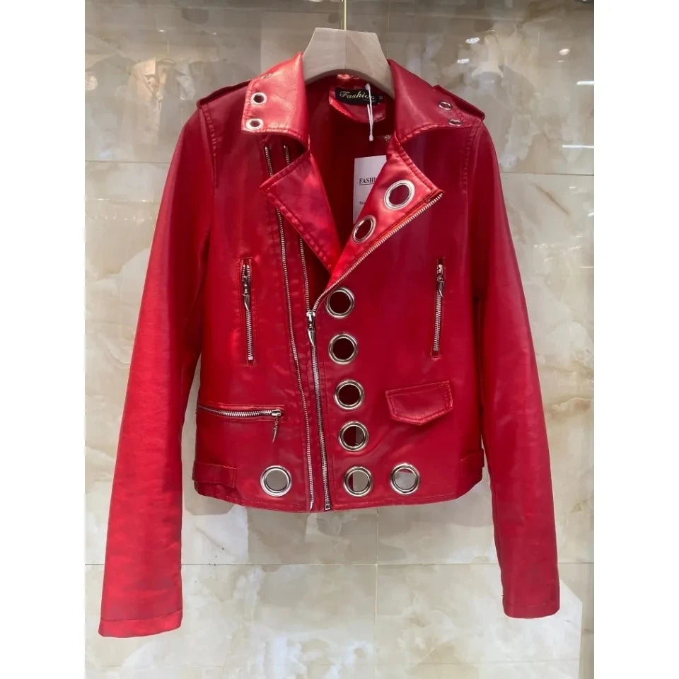 Black Short Leather Jacket 2026 Autumn New Women's Versatile Fashion Metal Circles Slim PU Leather Jackets Motorcycle tops