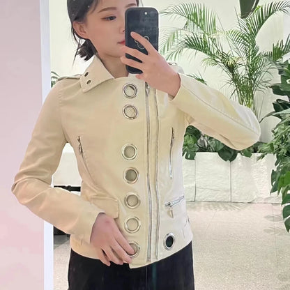 Black Short Leather Jacket 2026 Autumn New Women's Versatile Fashion Metal Circles Slim PU Leather Jackets Motorcycle tops
