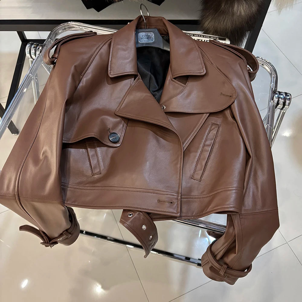 YOLOAgain Long Sleeve Dark Brown Suede Jacket Women Real Leather Jacket