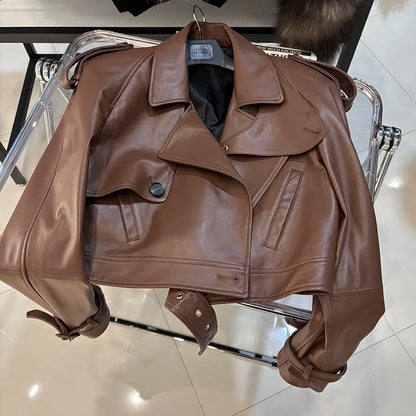 YOLOAgain Long Sleeve Dark Brown Suede Jacket Women Real Leather Jacket