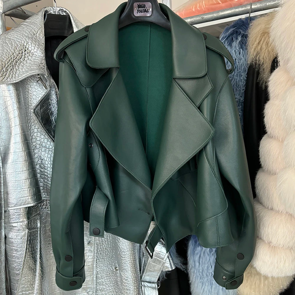 YOLOAgain 2025 Spring Loose Oversized Real Leather Jacket Women Streetwear
