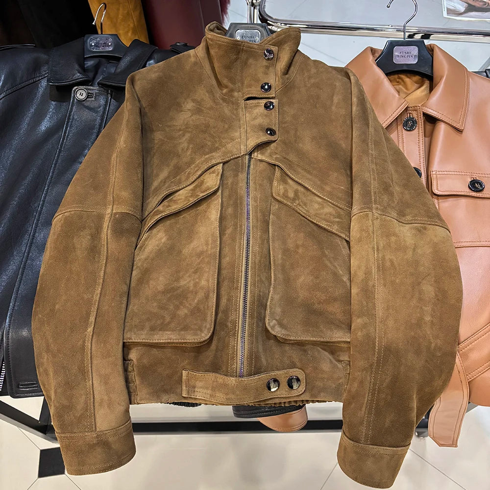 YOLOAgain Chocolate Brown Suede Jacket Women Real Leather Jacket Female