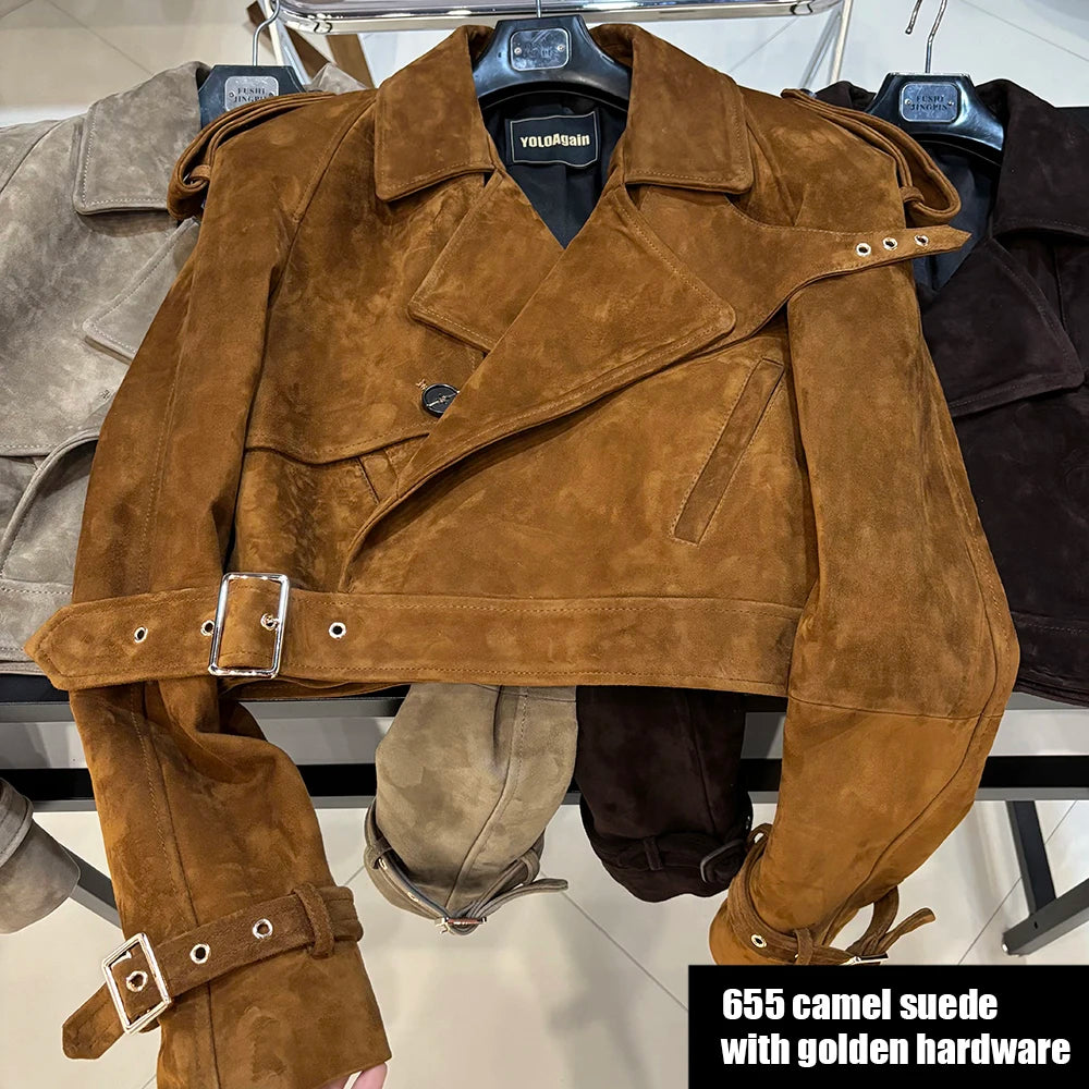 YOLOAgain Long Sleeve Dark Brown Suede Jacket Women Real Leather Jacket