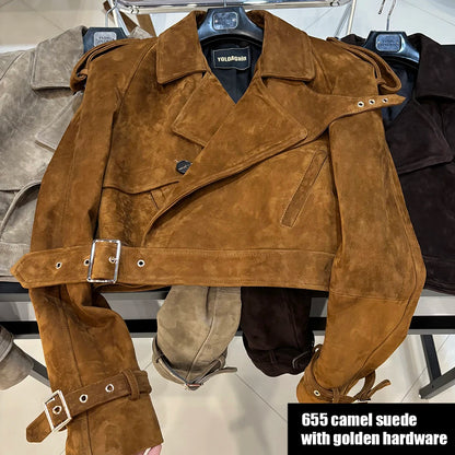 YOLOAgain Long Sleeve Dark Brown Suede Jacket Women Real Leather Jacket