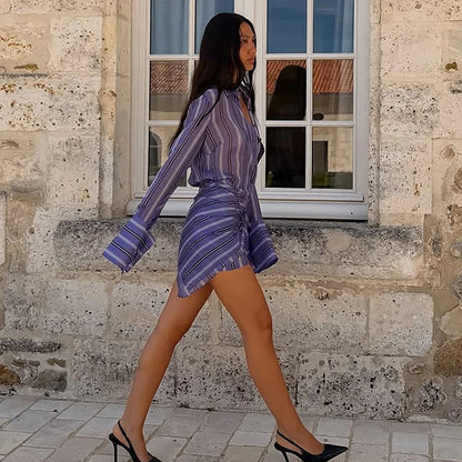 Collared Button Women's Front Sheer Vertical Stripe Two Piece Set Long Cuff Shirt High Waist Flared Wide Leg Long Pants 2026 New