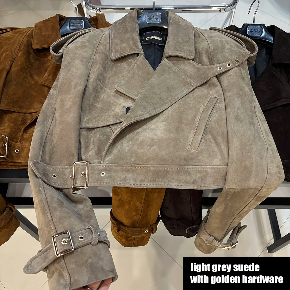YOLOAgain Long Sleeve Dark Brown Suede Jacket Women Real Leather Jacket