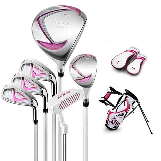 PGM Junior Golf Club Complete Set Includes Driver Hybrid 7 9 Wedge Irons Putter Stand Bag Right Handed for Children Kids 9-12 6 Pieces Youth Golf Clubs with 2 Headcovers for Boys & Girls